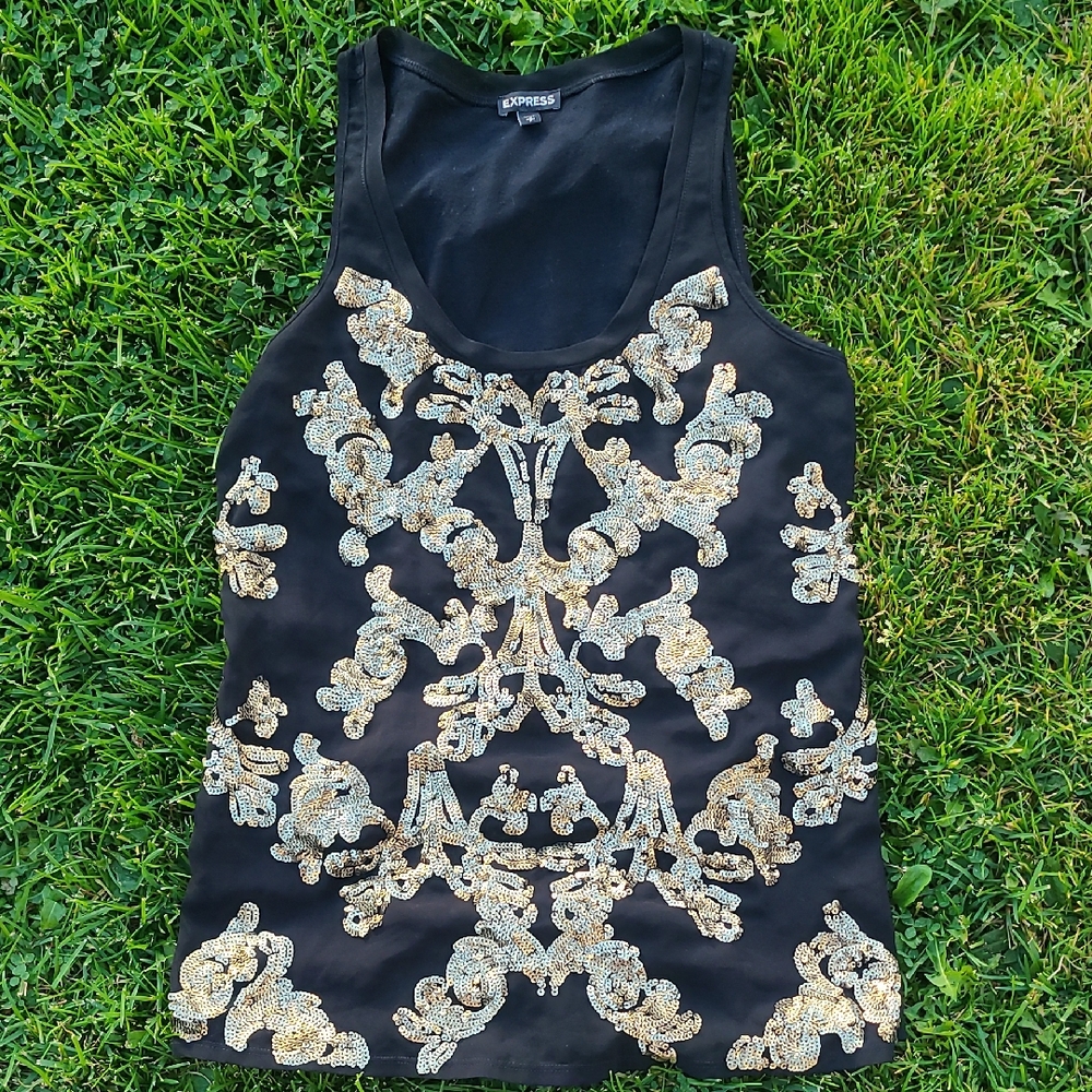 Express Black Tank Top with Gold Embellishments